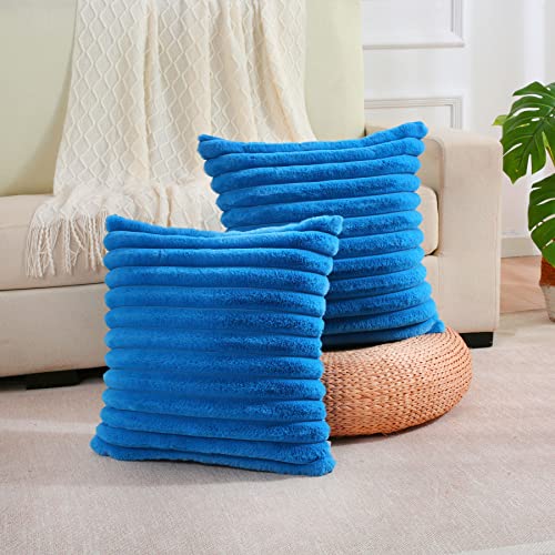 FUTEI Royal Blue Striped Decorative Throw Pillow Covers 24x24 Inch Set of 2,Square Fall Decorations Couch Euro Pillow Case,Soft Cozy Faux Rabbit Fur & Velvet Back,Modern Home Decor for Bed
