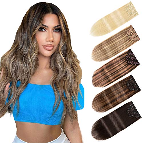 Real Hair Extensions Clip in Human Hair 16'' Clip in Hair Extensions for Women 7pcs Ombre Hair Extensions Human Hair 120g Remy Hair Extensions(4/27)