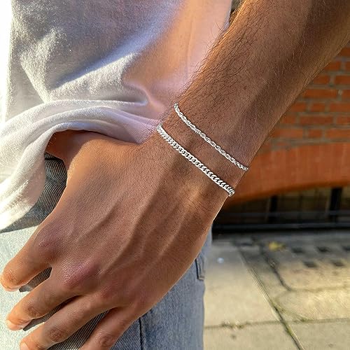 Silver/Gold Layered Chain Bracelets Sets for Men Women Silver Rope Figaro Cuban Link Chain Bracelets Set Men Jewelry Gifts for Dad Boyfriend Husband2
