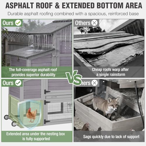 Image of Mobile Chicken Coop with Run, Large Outdoor Wooden Poultry Cage Hen House with Wheels, Nesting Box, Pull-Out Tray, Waterproof Roof, Grey, 79.1 inch L x 25.2 inch W x 43.6 inch H, for 4-6 Chickens