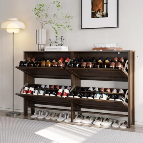 LOUVIXA Shoe Cabinet with 4 Flip Drawers, Narrow Shoe Storage Cabinet, Freestanding Shoe Cabinet Organizer, Hidden Shoe Rack Cabinet for Entryway, Hallway (4-Drawers, Brown/4-drawers)