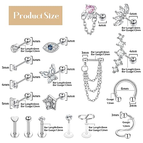 YADOCA Hypoallergenic Conch Piercing Jewelry 16G Helix Tragus Daith Piercing Jewelry Conch Earring Cartilage Earrings for Women Men CZ Stud Hoop Earring 316L Stainless Steel 26 Pcs2