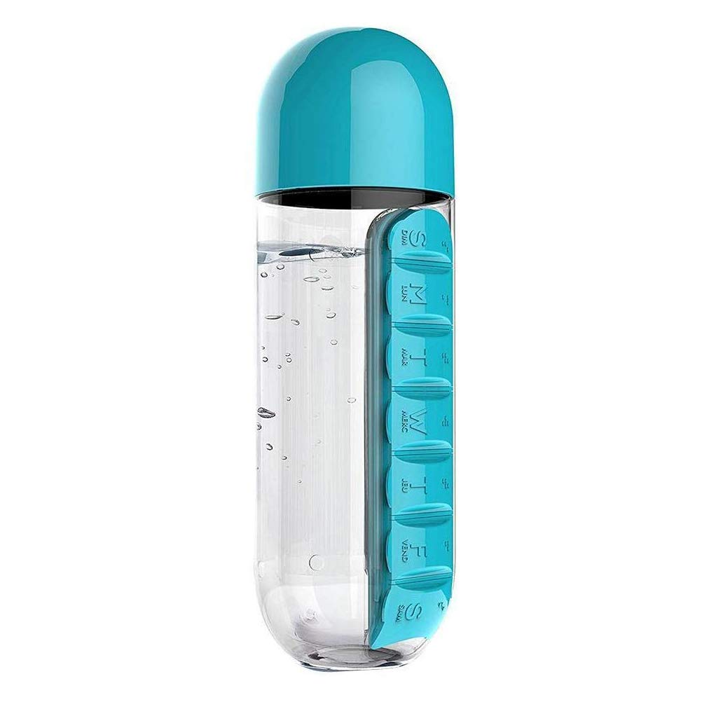 2 in 1 Portable Water Bottle with Pill Box Organizer 7 Days Planner Box Travel Medication Cases Containers (600ml)