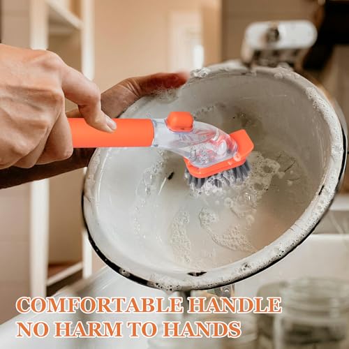 Image of Dish Brushes with Soap Dispenser with Handle-Kitchen Scrubber Brushed-1*Handle & 3*Brush Head(Orange)