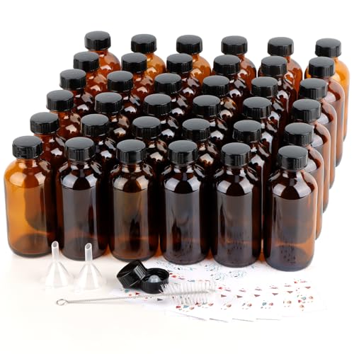 PINIWON 36 Pack 4 oz Amber Glass Bottles 120ml Boston Round Sample Bottles with Black Poly Cone Caps Labels Funnels and Brush