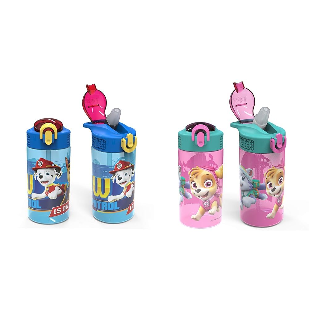 Zak Designs PAW Patrol Kids 16oz Marshall and Skye Leak-Proof Water Bottles with Spout Cover and Carry Loop