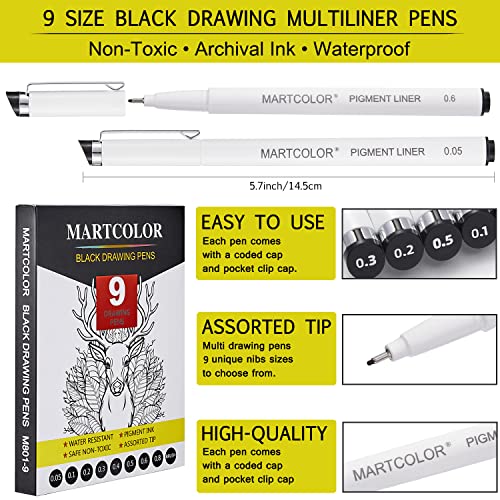 MARTCOLOR-Drawing-Pens-Black-Multiliner-9-Pack-Anime-Pens-Sketch-Pens-Micro-Pen-Drawing-Pens-for-Artists-Fineliner-Pens-Art-Pens-Inking-Pens-Line-Art-Pens-Bible-Journaling-Pens