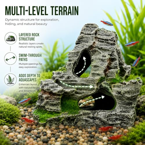 Image of Resin Aquarium Mountain Decor with Moss Rock Cave - Multi-Level Terrain for Fish Tank Landscaping, Natural-Looking Rockery Design with Hidden Cave and Crevices for Shrimp, Reptile Habitat Aquascaping