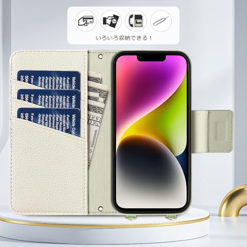 Kahper For iPhone 14 iPhone 13 ケース 手帳型 ショルダー バイカラー スマホケース iphone 13 おしゃれ かわいい 女性 レトロ いPhone 14 ケース カード収納 シンプル 上品 iPhone 13 カバー マグネット式 スタンド機能 肌感レザー iPhone 14 ストラップ 人気 エレガント レディース 手作（グリーン メ ホワイト）