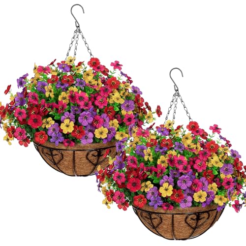Alynsehom 2 Set Artificial Flowers with Hanging Basket, 2 Outdoor Hanging Plants with 24pcs Faux UV Resistant Fake Silk Azalea in Baskets for Porch Garden Patio Balcony Yard Home Decor(4 Colors)