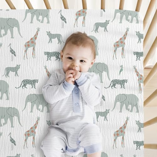 Image of Little Grape Land Muslin Crib Sheets Fitted for Boys and Girls 2 Pack, 100% Cotton Baby Bed Sheets Soft Breathable, Neutral Fitted Baby Mattress Sheets for Standard Crib 52x28, Safari