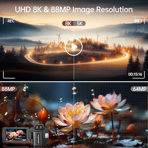 8K Video Camera Camcorder 88MP UHD WiFi Vlogging Cameras for YouTube 18X Digital Zoom IR Night Vision 3.0''Touch Screen Camera with 32GB Card, Microphone, Stabilizer, Lens Hood, Remote, Batteries - Image 3