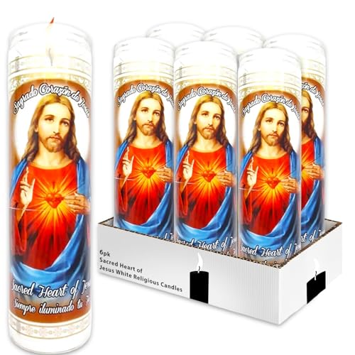6 Pack Sacred Heart of Jesus White Religious Candles - Bundle with 8 Corazon De Jesus Glass Devotional Candles for Vigils Prayers Blessing Ceremonies More