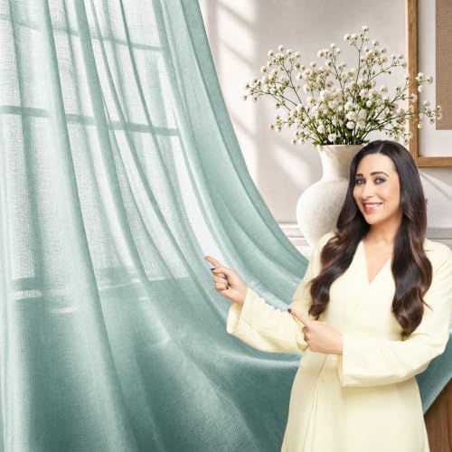 Image of HOKIPO Breeze Sheer Curtain 7 Feet Long 1 Panel, Linen Look, Aqua Green