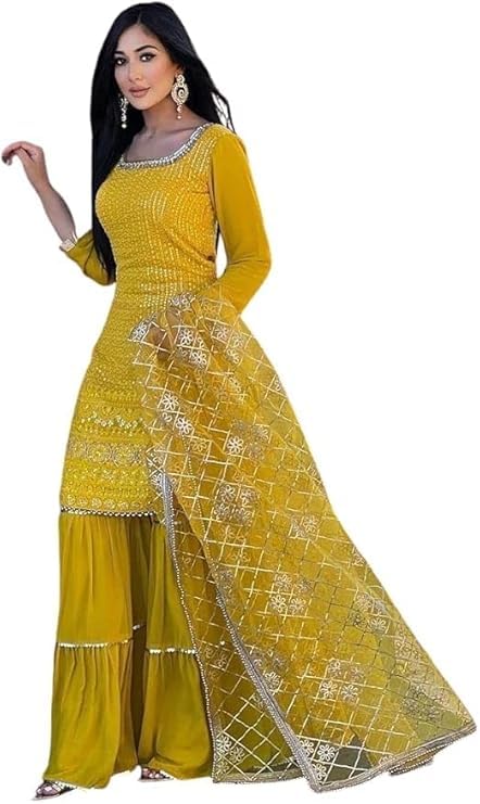 Image of Women's Designer Chinon Silk Sharara Suit Set, Sequence Embroidery Kurti with Tiered Sharara and Dupatta