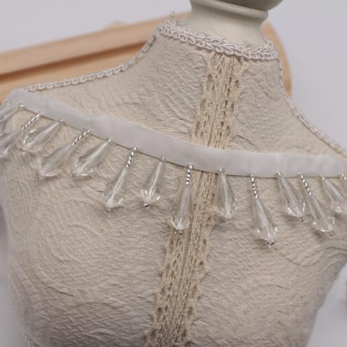GorinsKani 1 Yards Crystal gourd droplets Fringe Beaded Lace Trim Pearl Pendant Tassels Dress Tassel Fringe Lace Trim Decoration Shoes Ornaments Hanging Bead Curtain Sewing (White water droplet beads)