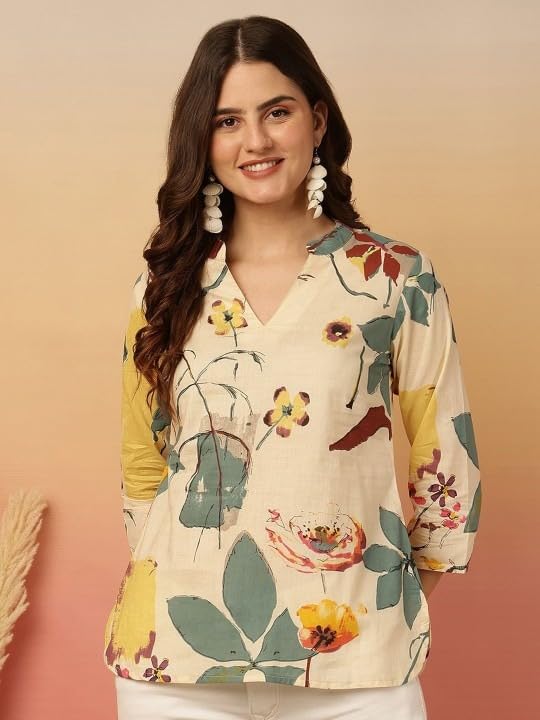 Image of MANHAREE Women's Cotton Floral Printed Short Kurti Top | V-Neck 3 /4 Sleeve Ethnic Tunic for Jeans | Casual Summer Wear Kurta for Women and Girls