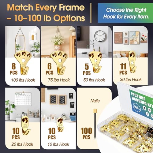 Image of 150Pcs Heavy Duty Picture Hangers Kit, Supports 10-100 lbs - Premium Wall Hanging Hooks with Nails for Drywall & Wood, Ideal for Pictures, Clocks, Mirrors, and Home Decor