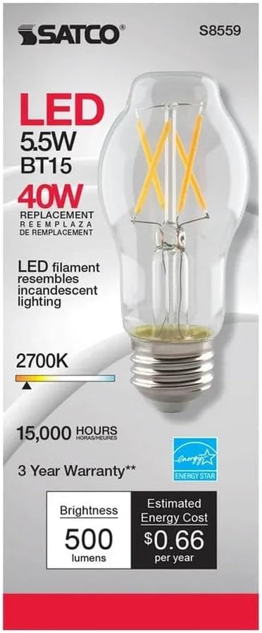 Satco S8559 5.5 watt BT15 LED; Clear; Medium Base; 2700K; 500 lumens; 120 Volts 24-Pack California Compliant