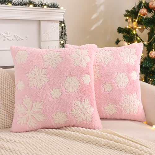 Tosleo 2er Set Kissenbezüge Weihnachten Rosa Flauschig Schneeflocken...