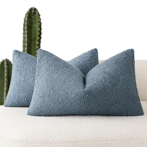 Image of Foindtower Pack of 2 Textured Boucle Throw Pillow Covers Accent Solid Decorative Lumbar Pillow Cases Cozy Couch Cushion Case for Chair Sofa Bedroom Living Room Home Decor 12x20 Inch Misty Blue