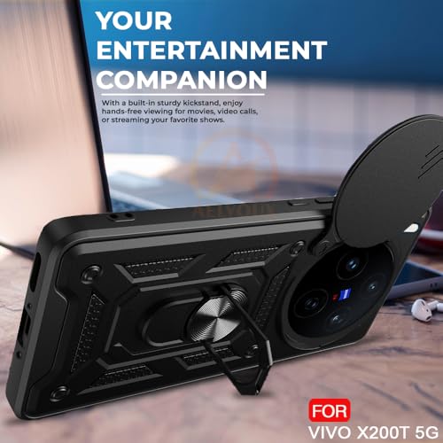 Image of Armor Bumper Back Cover Case for VIvo X200T 5G Rotating Camera Cover, Ring Holder & Kickstand | Heavy Duty & 360 Degree Protection VIvo X200T 5G Back Cover (Black)