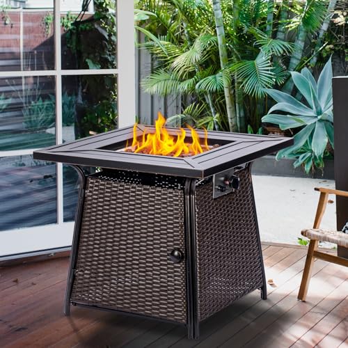 28 inch Wicker Propane Fire Pit Table,Gas Fire Pits Table for Outside,50000 BTU Propane Firepit with Lid &Lava Rocks,Gas Firepit for Garden,Yard (Brown Rattan) - Image 3