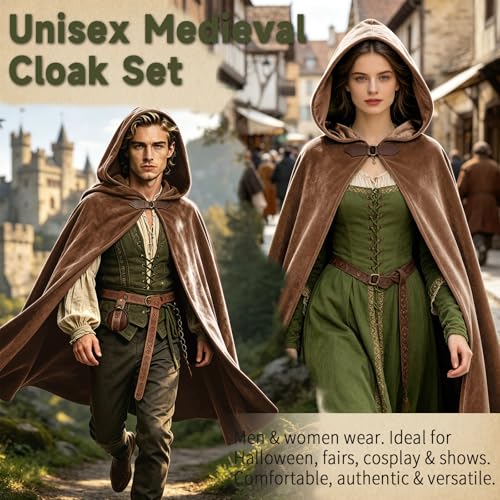 Image of Renaissance Hooded Cloak Set for Men Women Medieval Costume for Halloween