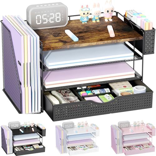 Wood Desk Organizers and Accessories with File Holder, 4-Tier Des...