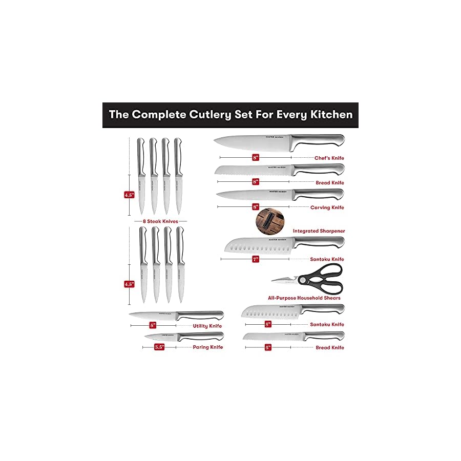 Master-Maison-19-Piece-Premium-Kitchen-Knife-Block-Set-Wooden-Block-German-Stainless-Steel-Cutlery-With-Knife-Sharpener-8-Steak-Knives-Silver Master Maison 19-Piece Kitchen Knife Set with Wooden Block and Knife Sharpener - Stainless Steel Cutlery (Silver)