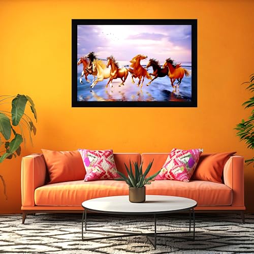 Image of Indianara Vastu Running Seven Horse Painting With Frame 20 Inches X 14 Inches (Style 15)