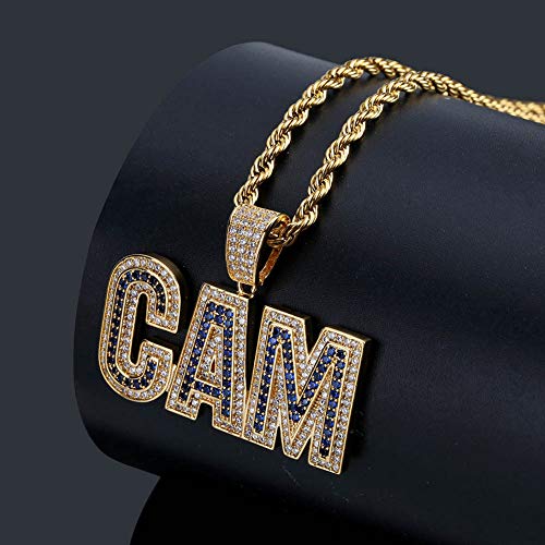 Kmasal Jewelry Men Bubble Letter Cam Pendant Hip Hop Iced Out Bling Micro-Pave Diamond Cz Crystal Zirconia Necklace 18K Gold Plated With 24 Inch Rope Chain (Gold) #TOP4
