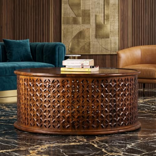 Image of Wooden Coffee Table for Living Room | Handcrafted Solid Wood Round Center Table with Carved Jaali Design | Coffee Table for Home Decor | Tea Table for Bedroom & Office (Honey)