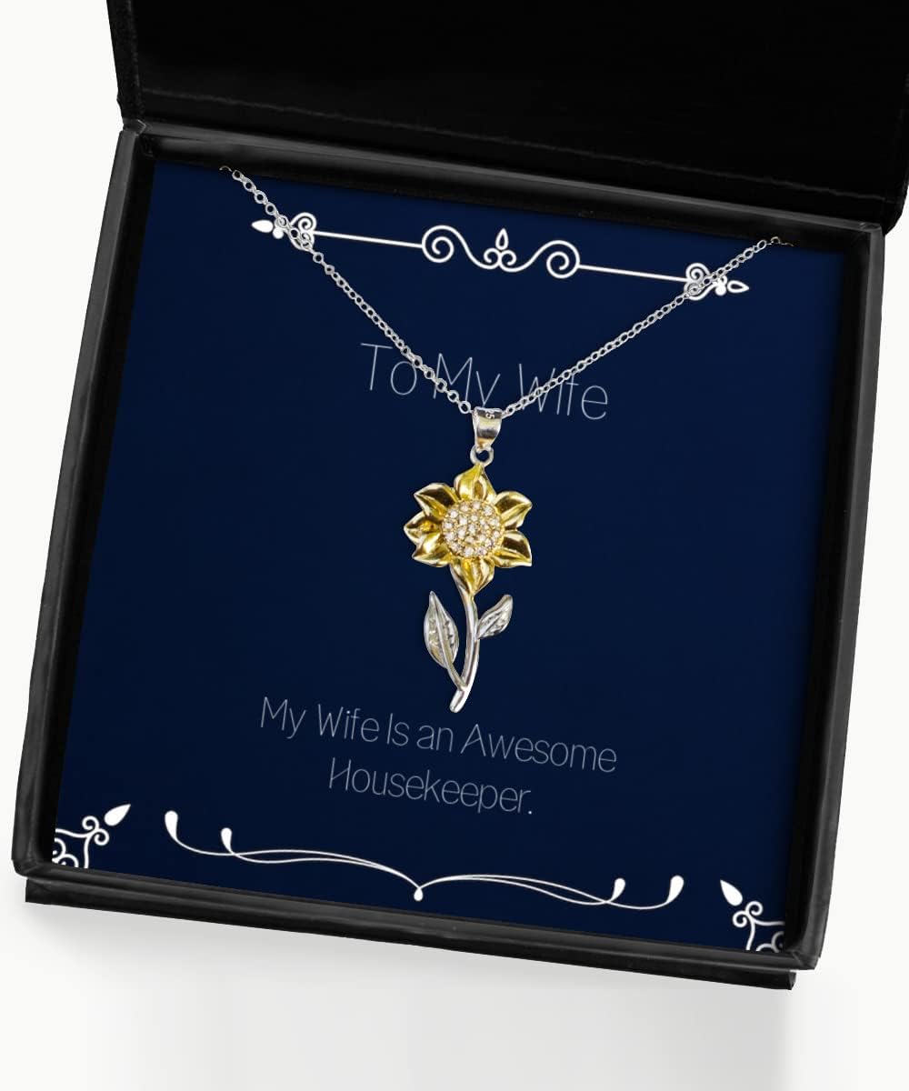 Unique Wife Sunflower Pendant Necklace, My Wife is an Awesome Housekeeper, Inspirational for, Christmas