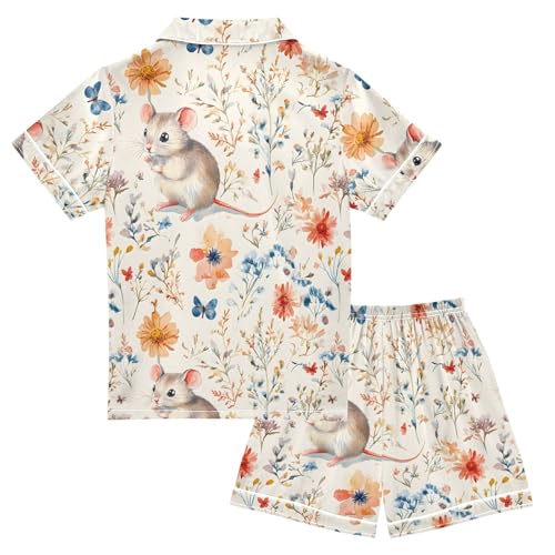 ALAZA Cute Mouse Flower Floral Satin Pajamas Set Short Sleeve Button Down Sleepwear Summer Pjs 2 Piece2