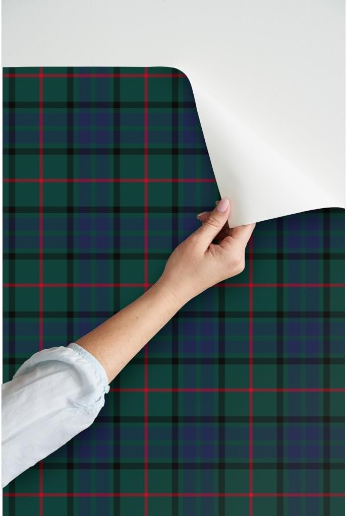 Spoonflower Peel & Stick Wallpaper Swatch - Tartan Blackwatch Black Green Blue Plaid Red Scottish Custom Removable Wallpaper
