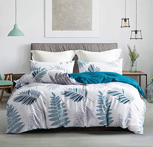 Image of SLEEPBELLA Duvet Cover Set, 600 Thread Count Cotton Leaf Botanical Pattern Print Reversible Comforter Cover Set (Queen, Teal Blue-Leaf)