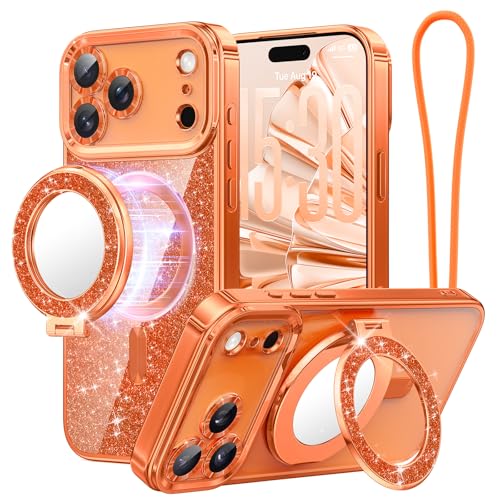 Image of Meifigno Designed for iPhone 17 Pro Magnetic Case with Removable Phone Ring Stand, [Glitter Card & Wrist Strap] [MagSafe Compatible] [Built-in Mirror] Phone Ring Stand + Phone Case Kit, Orange