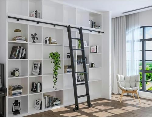 Rolling Library - Kit de riel de escalera con rodillo superior telescópico y ruedas de suelo con frenos para escalera deslizante
