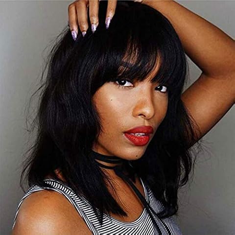 Hiyorlik Body Wave Bob Wig with Bangs 14 Inch Glueless Brazilian Wavy Bob Wigs for Black Women None Lace Front Human Hair Machine Made Wig with Straps Virgin Hair 150 Density Cover