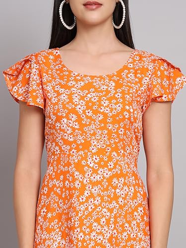 Image of Dream Beauty Fashion Women's Polyester Printed A-line Round Neck Bell Sleeve Knee-Long Dress (Elora-Dress-01)
