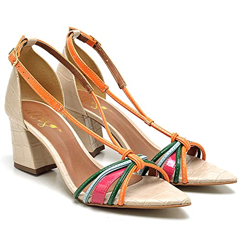 Sandália Tiras Bico Fino Aberto Feminina Salto Médio Grosso