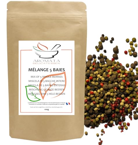 AROMATA – Mezcla de 5 Bayas – Enteras – Pimienta negra, blanca, verde, de Jamaica y bayas rosas – Ideal para molinillo – 100 g