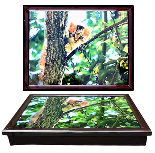 Large Lap Tray Wooden Climbing Cat On Tree Soft Padded Cushioned Bean Bag, Laptop, TV, Breakfast, Dinner, Food, Drink, Portable Lightweight Home Office Serving Tray