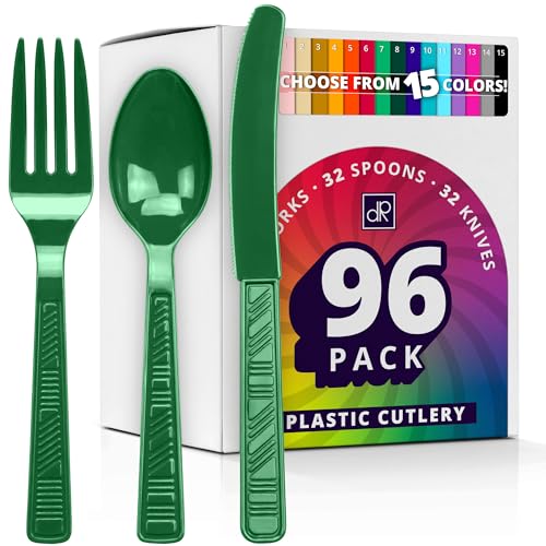 DecorRack Plastic Cutlery Set Green Colored Plastic Silverware Sets for Parties 96 Piece Bulk Heavy Duty Utensils (Green 96 Pieces)