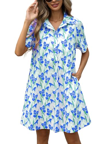 Image of LifeShe Summer Floral Dress Women's Printed Casual Sundress Short Sleeve Button Up Shirt Dresses with Pockets