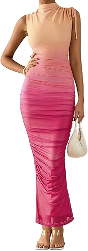 PRETTYGARDEN Women's Summer Maxi Floral Dresses Ruched Bodycon Sleeveless Mesh Formal Wedding Guest Cocktail Split Long Dress