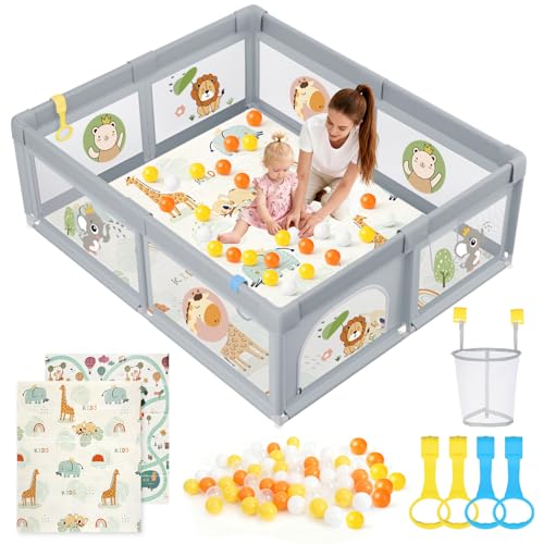 SOFTHOM Parque infantil con colchón, 150 x 180, parque infantil con red transpirable y base antideslizante, centro de actividades seguro y estable para niños con 60 bolas de océano, 4 anillas de
