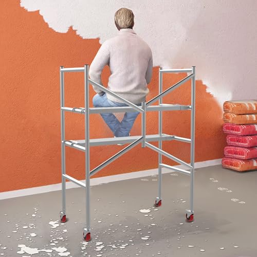 Image of Scaffolding Work Platform, Rolling Scaffolding with Wheels, Scaffold for Building Construction, Interior Painting, Home Improvement（59.0 inch Height, 500LBS Capacity, Silver)