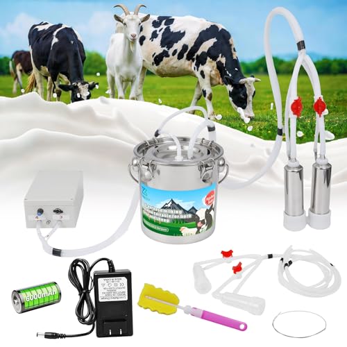 2-in-1 Upgrade 1.3Gal/5L Portable Electric Milker Milking Machine for Cows and Goats with Food-Grade Stainless Steel Bucket 4 Teat Cups and Pulsation Vacuum System for Farm Ranch and Home Dairy Use